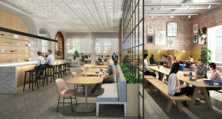 Modern office cafe and break-out space in historic building.