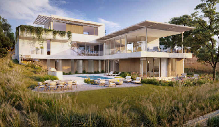 Rear image of a Modern Architecture home in Boulder Colorado. Entertaining deck with pool and Flatiron views.