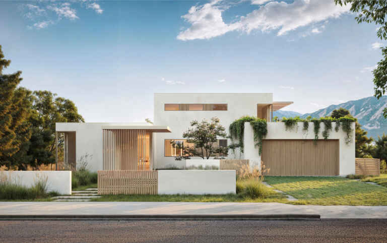 Front facade of a Modern Architecture home in Boulder Colorado. Clean and Elegant design.